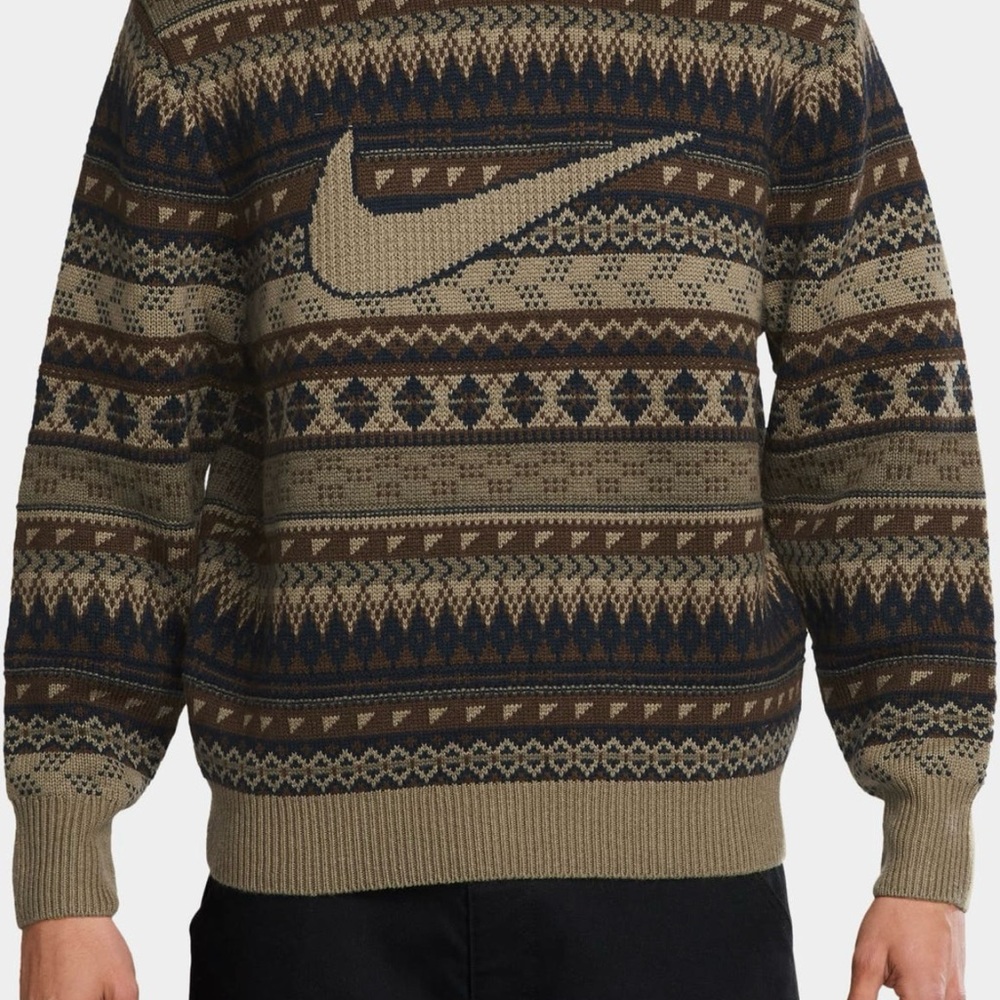 Nike Life Men's Fair Isle Swoosh Sweater in Light Orewood Brown Small NWT